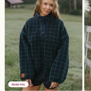 Plaid Fleece Pullover Jacket - Green and Blue - Eleven Eleven